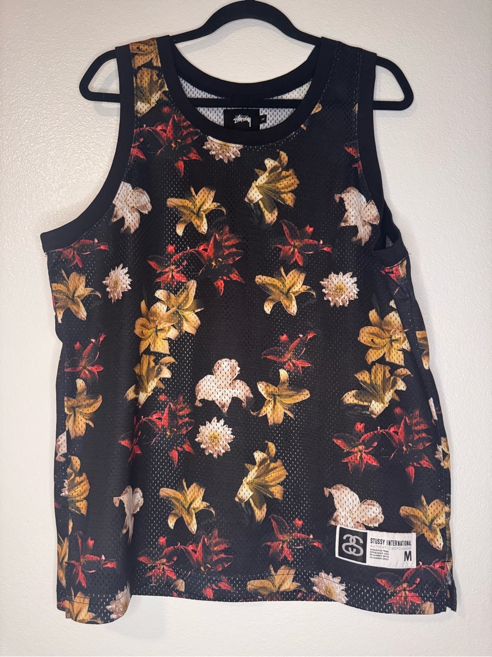 Stussy Mens Black Floral Mesh Tank Dress with Yellow & Red Blooms size medium